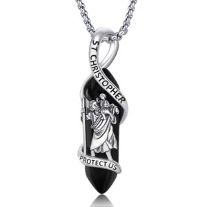 brisskaari black obsidian st christopher necklace 925 sterling silver saint christopher pendant healing crystal point st.christopher necklace religious amulet protection jewelry for men women (black)