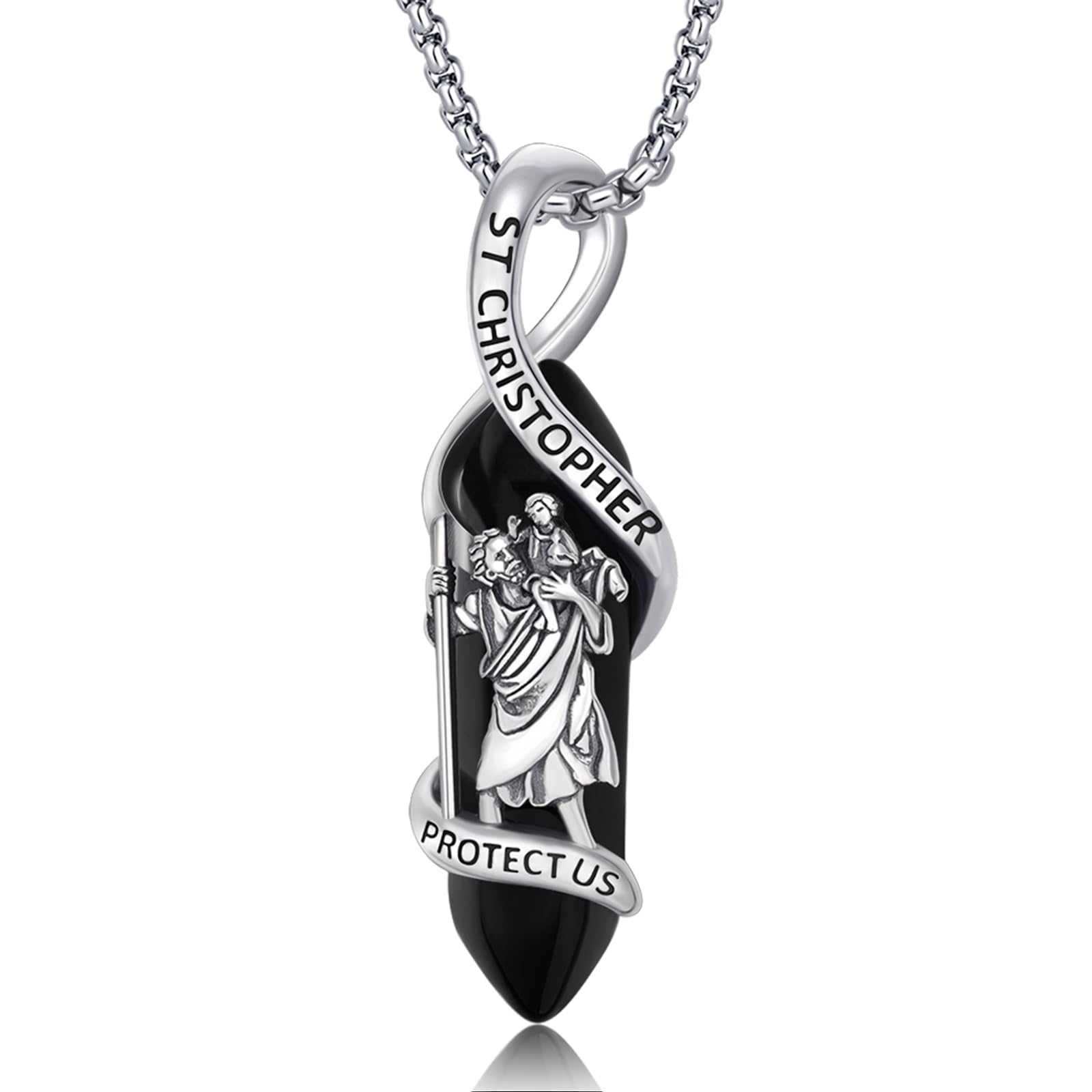 Brisskaari Black Obsidian St Christopher Necklace 925 Sterling Silver Saint Christopher Pendant Healing Crystal Point St.Christopher Necklace Religious Amulet Protection Jewelry for Men Women (Black)