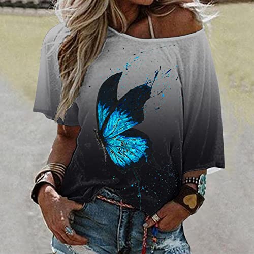 Women Boho Loose Top Summer Blouse T Shirt One Plus Size Floral Printed Shoulder Women's Blouse Womens Dressy Shirts Black