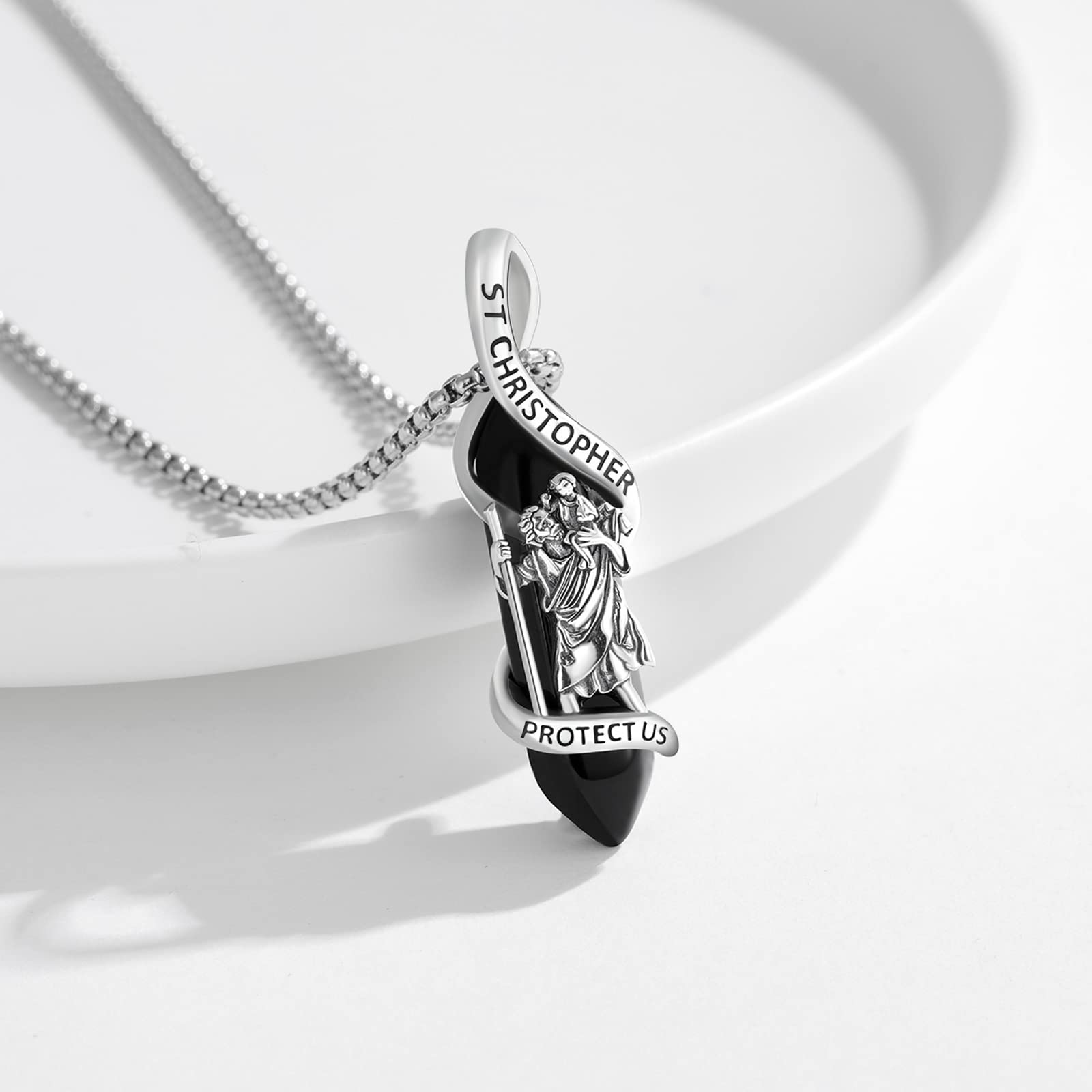 Brisskaari Black Obsidian St Christopher Necklace 925 Sterling Silver Saint Christopher Pendant Healing Crystal Point St.Christopher Necklace Religious Amulet Protection Jewelry for Men Women (Black)