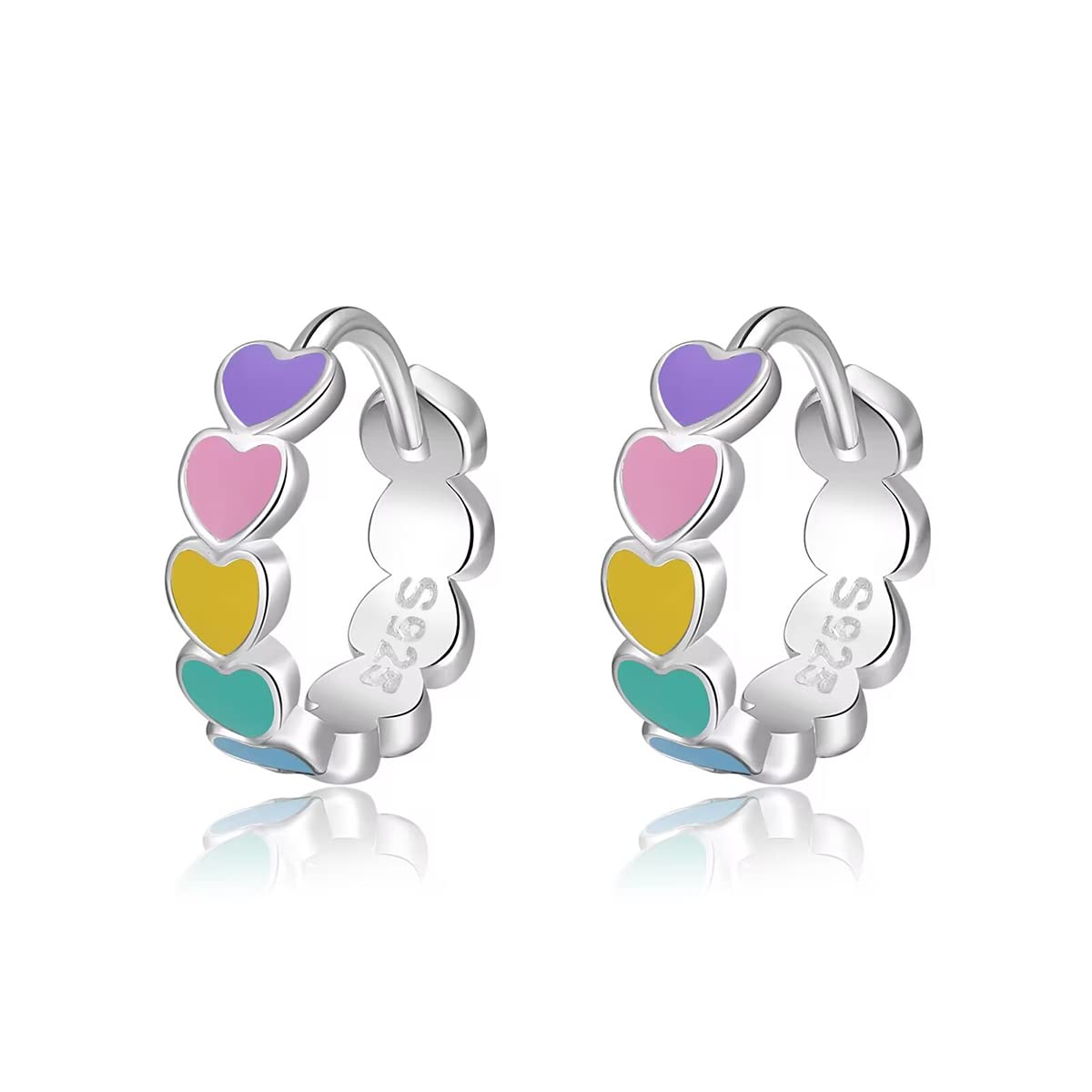 SLUYNZ Sterling Silver Rainbow Heart Hoop Earrings for Women Color Love Hoop Earrings Huggie Gay Pride Earrings (A-Silver)