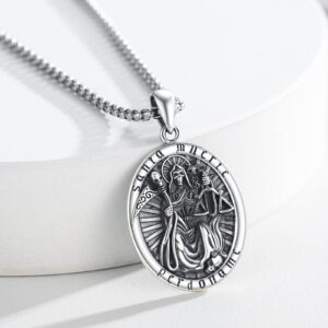 La Santa Muerte Necklace 925 Sterling Silver Mexican Grim Reaper Pendant Amulet Protection Santa Muerte Skull Jewelry Gift for Men Women (Silver)