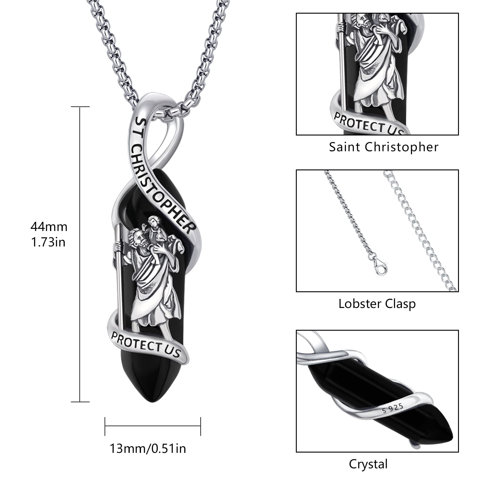 Brisskaari Black Obsidian St Christopher Necklace 925 Sterling Silver Saint Christopher Pendant Healing Crystal Point St.Christopher Necklace Religious Amulet Protection Jewelry for Men Women (Black)