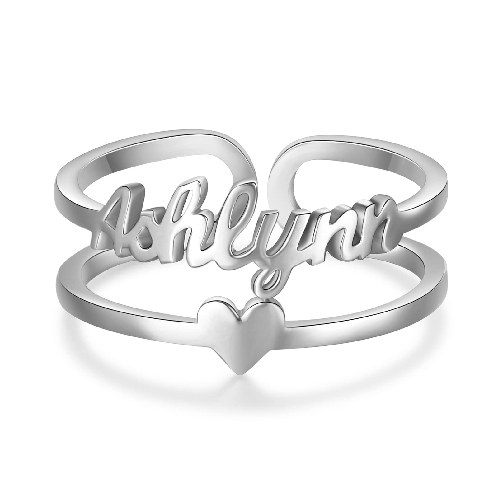 Personalized Name Ring for Women, Custom Adjustable Names Ring with Heart Promise Ring for Her Gift for Women Wife BFF (Silver-3)