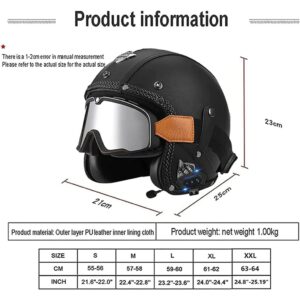 3/4 Leather Bluetooth Motorcycle Helmet, DOT/ECE Approved Vintage Retro Moped Half Helmet, Scooter Open Face Helmet with Goggles, Jet Street Bike Crash Four Seasons Helmet for Men Women -A-Large