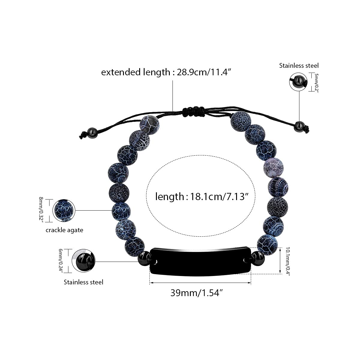 2 Pieces Handmade Custom Name ID Bracelet for Men Women, Weathered Agate Stone Bracelet Personalized Black Stainless Steel Identity Bracelet Y1435