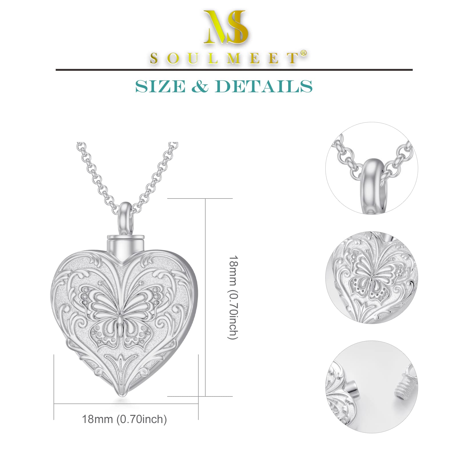 SOULMEET Personalized 10k 14k 18k Solid White Gold/Plated White Gold Butterfly Cremation Locket Necklace for Ashes, Engraving Butterfly Urn Necklace That Holds Human Dog Cat Ashes (Custom Text)