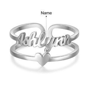 Personalized Name Ring for Women, Custom Adjustable Names Ring with Heart Promise Ring for Her Gift for Women Wife BFF (Silver-3)