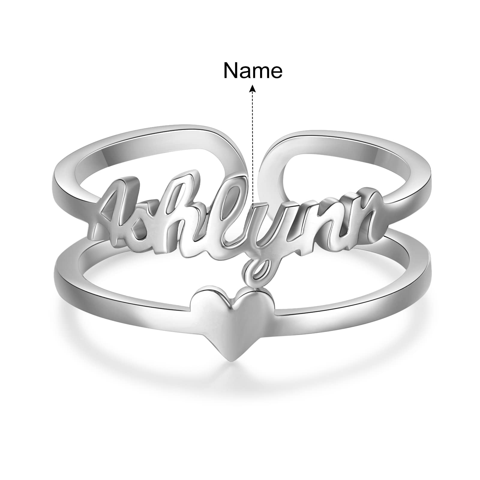 Personalized Name Ring for Women, Custom Adjustable Names Ring with Heart Promise Ring for Her Gift for Women Wife BFF (Silver-3)