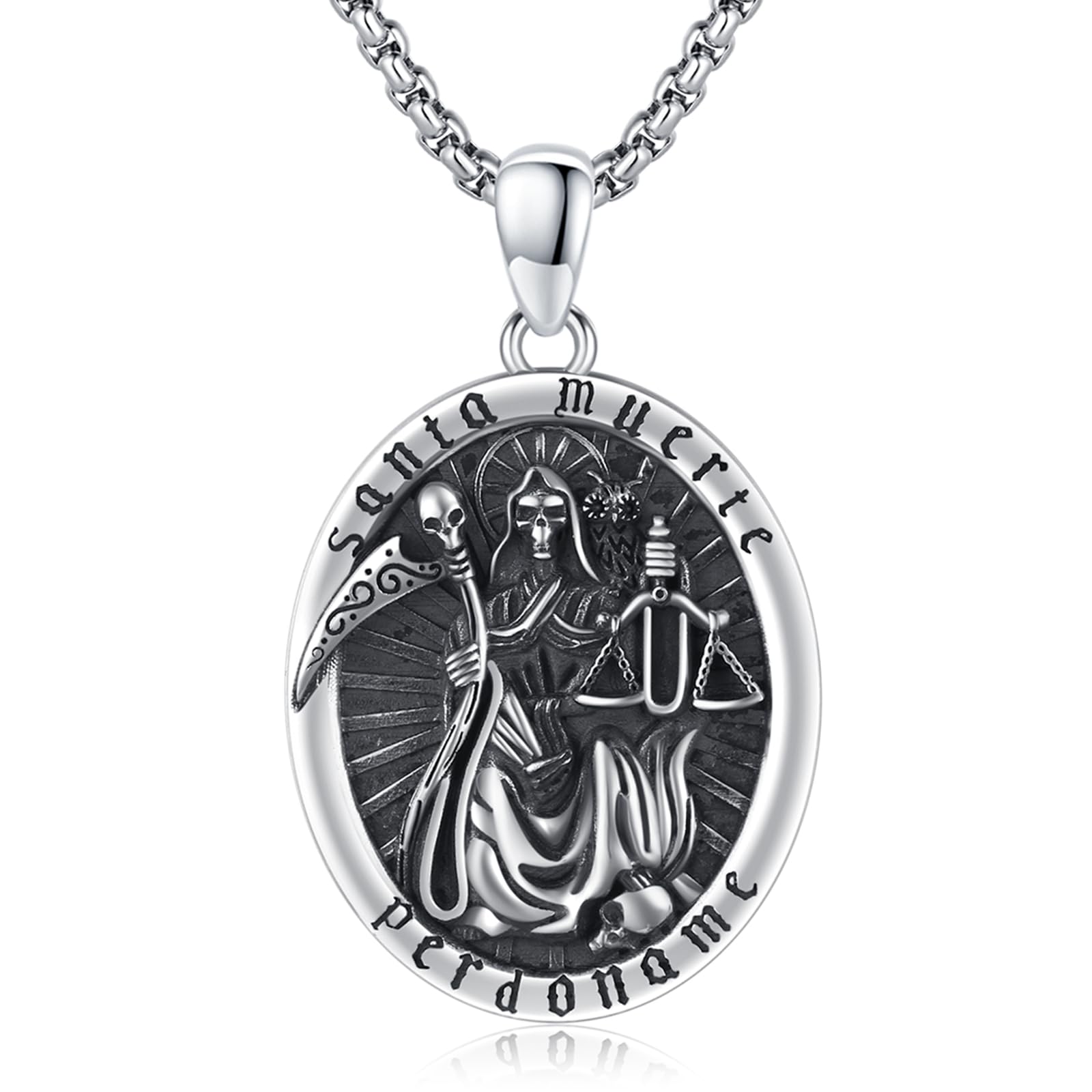 La Santa Muerte Necklace 925 Sterling Silver Mexican Grim Reaper Pendant Amulet Protection Santa Muerte Skull Jewelry Gift for Men Women (Silver)