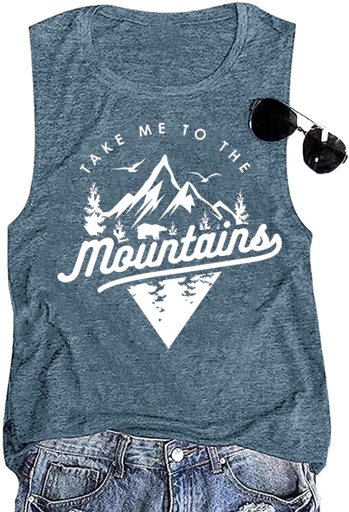 Summer Travel Camping Adventure Tops for Women Casual Girls Trip Mountain Natural Scenery Bear Graphic Tank Tops Cotton Sleeveless Loose Fit Plus Size Top Shirts Blue,XL