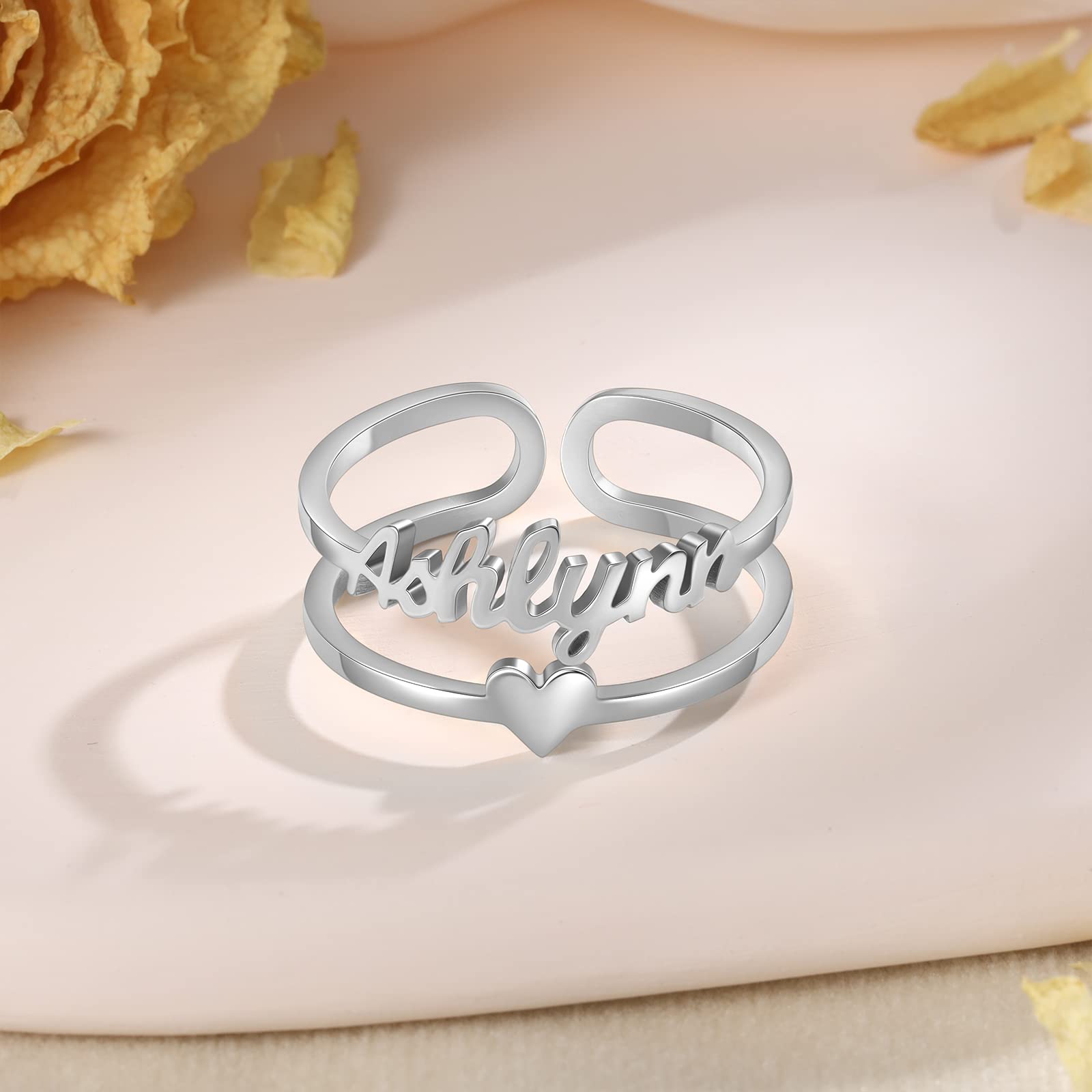 Personalized Name Ring for Women, Custom Adjustable Names Ring with Heart Promise Ring for Her Gift for Women Wife BFF (Silver-3)