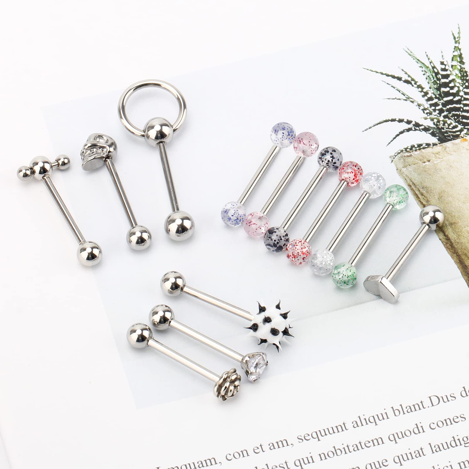 CrazyPiercing Assorted Tongue Rings, 14G Stainless Steel Tongue Piercing Rings Assorted Barbell bar Nipple Cute Tongue Rings for Women Men（13PCS）