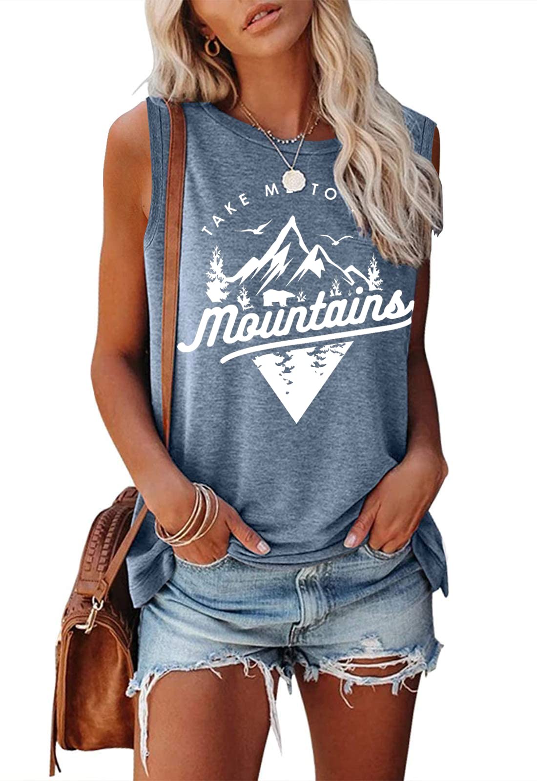 Summer Travel Camping Adventure Tops for Women Casual Girls Trip Mountain Natural Scenery Bear Graphic Tank Tops Cotton Sleeveless Loose Fit Plus Size Top Shirts Blue,XL