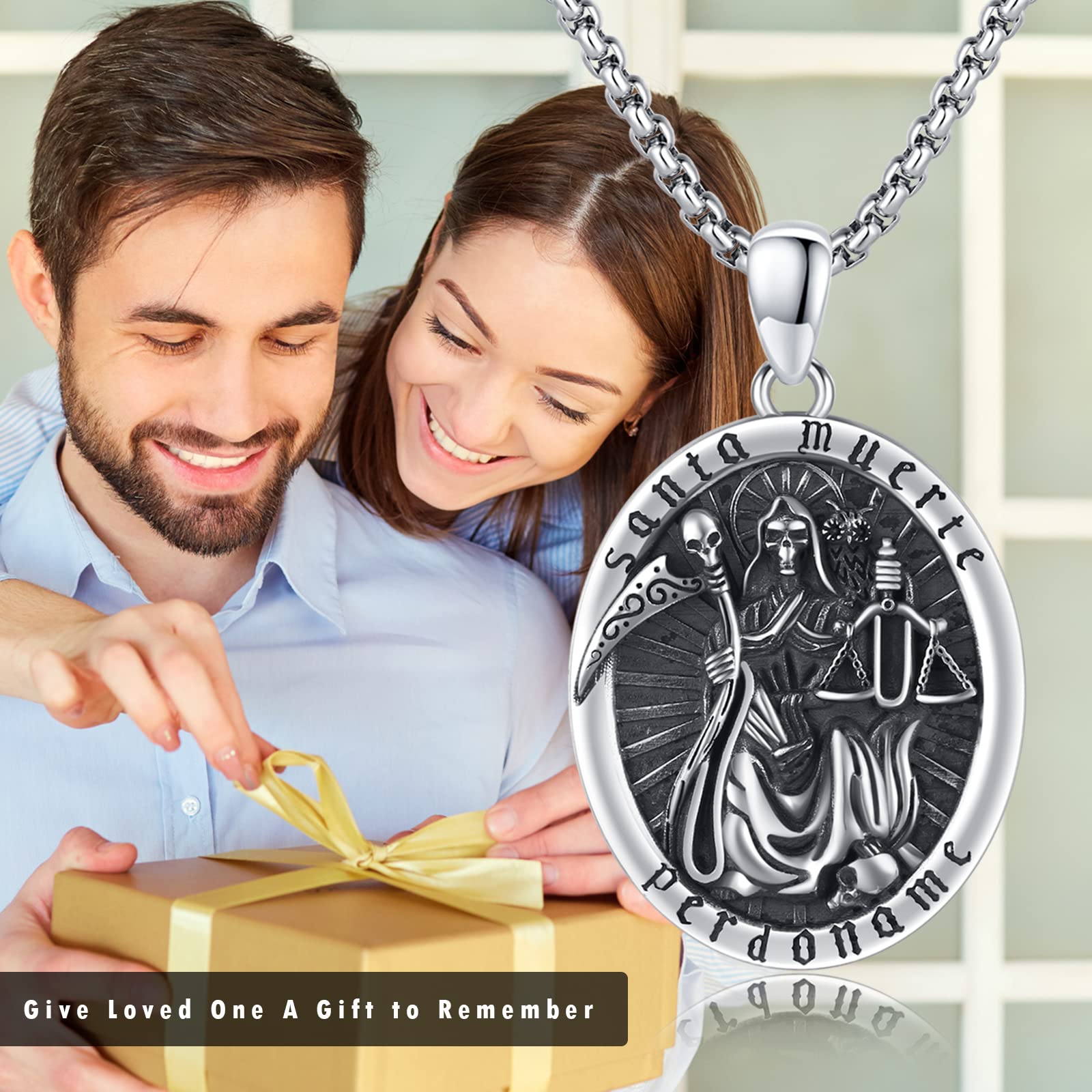 La Santa Muerte Necklace 925 Sterling Silver Mexican Grim Reaper Pendant Amulet Protection Santa Muerte Skull Jewelry Gift for Men Women (Silver)