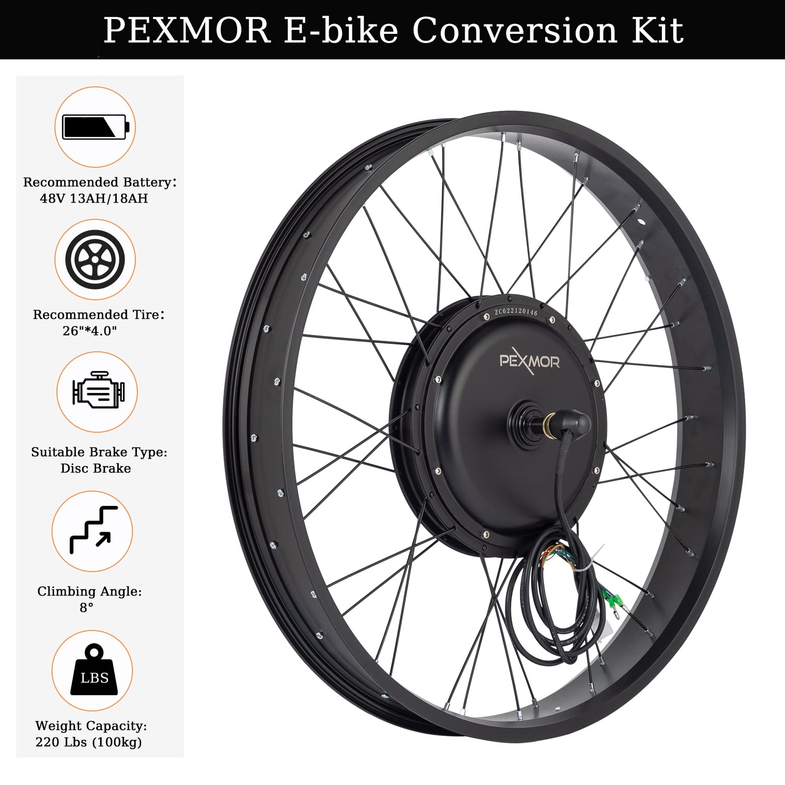 PEXMOR Electric Bike Conversion Kit, 48V 1000W 26" Fat Front Wheel E-Bike Conversion Kit, Ebike Hub Motor Kit Upgrade 3 Mode Controller w/PAS/LCD Display/Twist Throttle Bicycle Ebike Wheel Kit