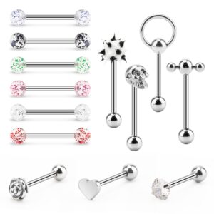 CrazyPiercing Assorted Tongue Rings, 14G Stainless Steel Tongue Piercing Rings Assorted Barbell bar Nipple Cute Tongue Rings for Women Men（13PCS）