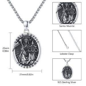 La Santa Muerte Necklace 925 Sterling Silver Mexican Grim Reaper Pendant Amulet Protection Santa Muerte Skull Jewelry Gift for Men Women (Silver)