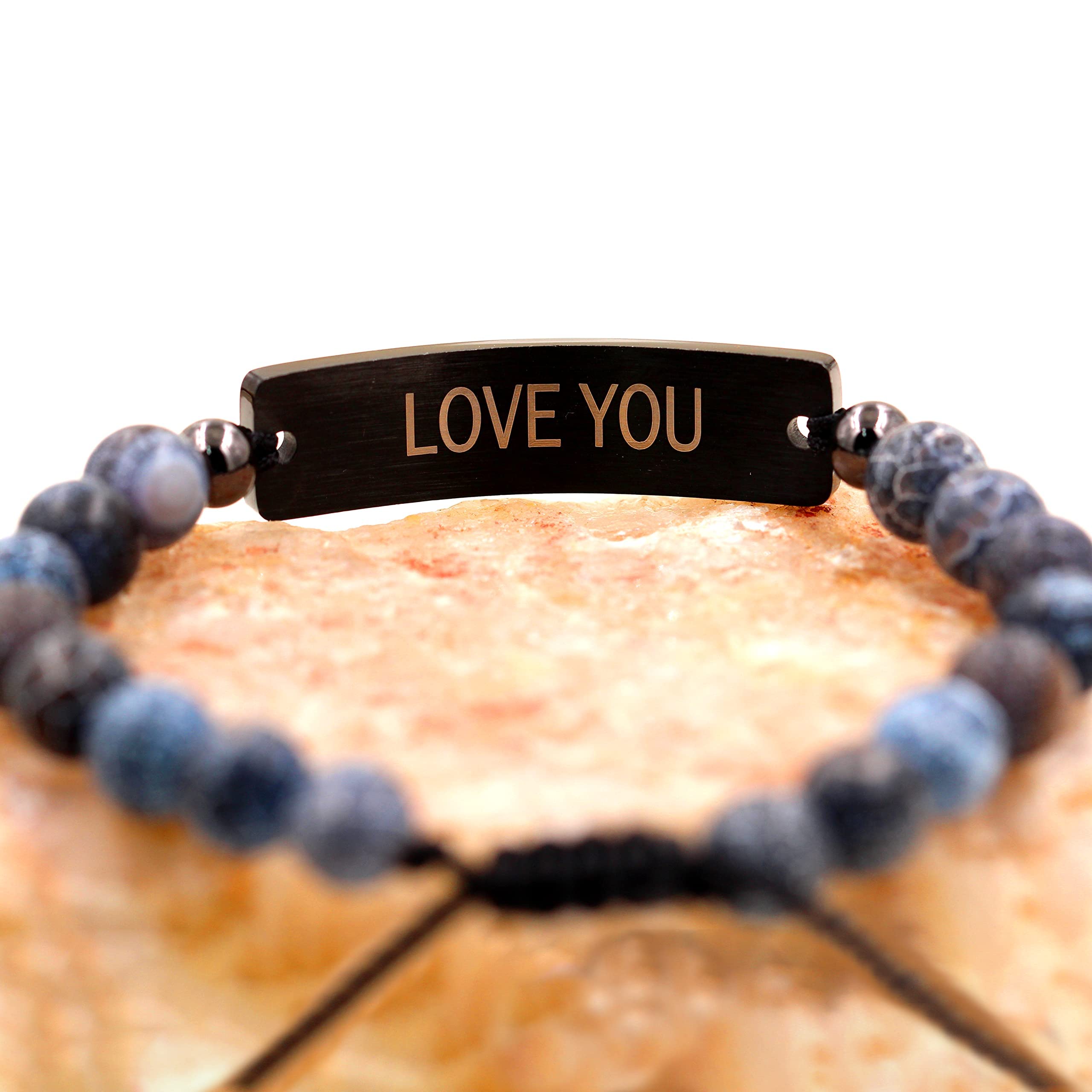 2 Pieces Handmade Custom Name ID Bracelet for Men Women, Weathered Agate Stone Bracelet Personalized Black Stainless Steel Identity Bracelet Y1435