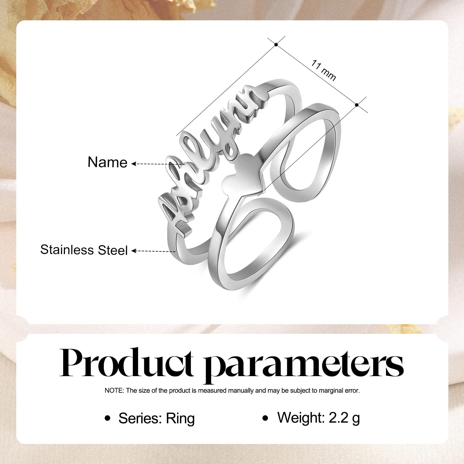 Personalized Name Ring for Women, Custom Adjustable Names Ring with Heart Promise Ring for Her Gift for Women Wife BFF (Silver-3)