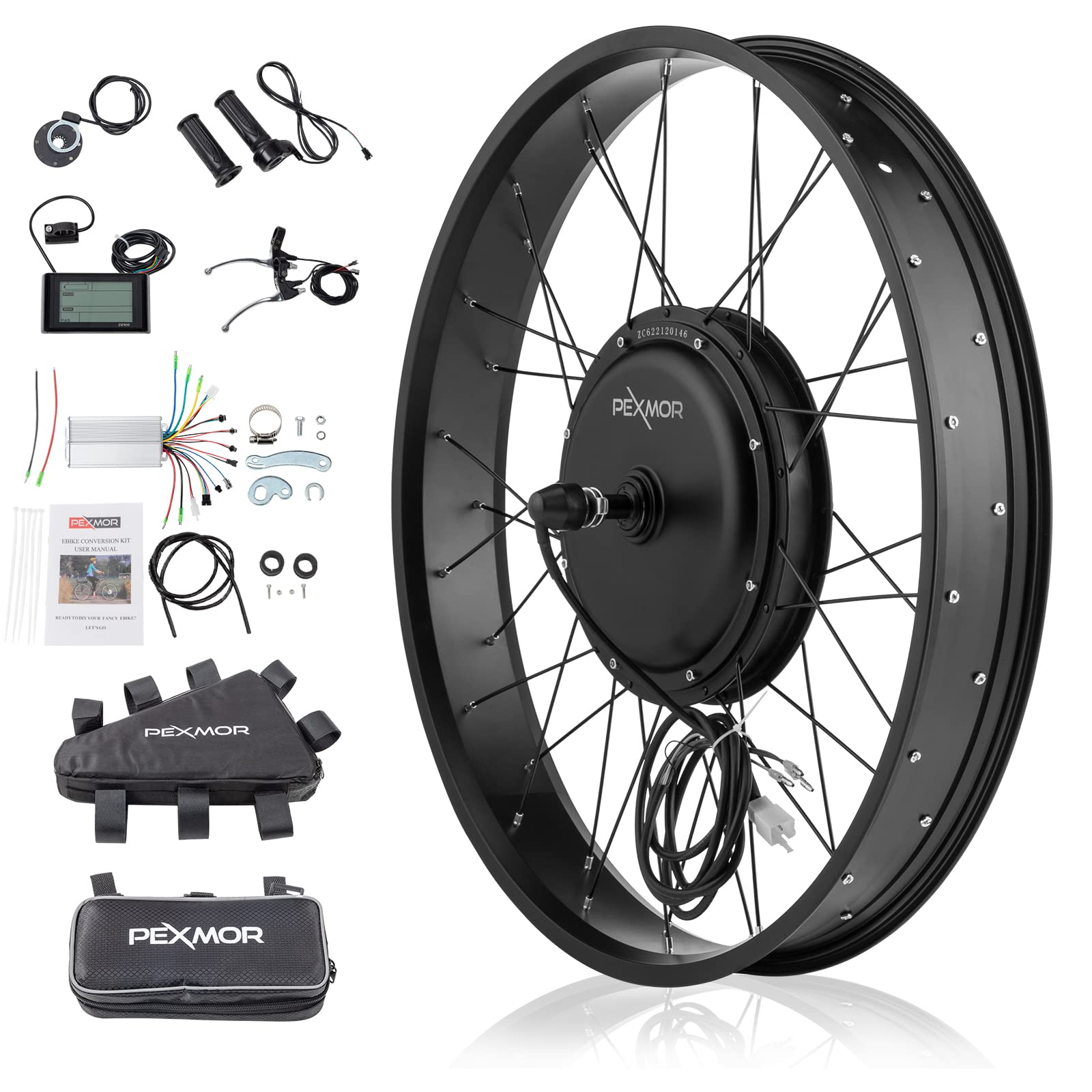 PEXMOR Electric Bike Conversion Kit, 48V 1000W 26" Fat Front Wheel E-Bike Conversion Kit, Ebike Hub Motor Kit Upgrade 3 Mode Controller w/PAS/LCD Display/Twist Throttle Bicycle Ebike Wheel Kit