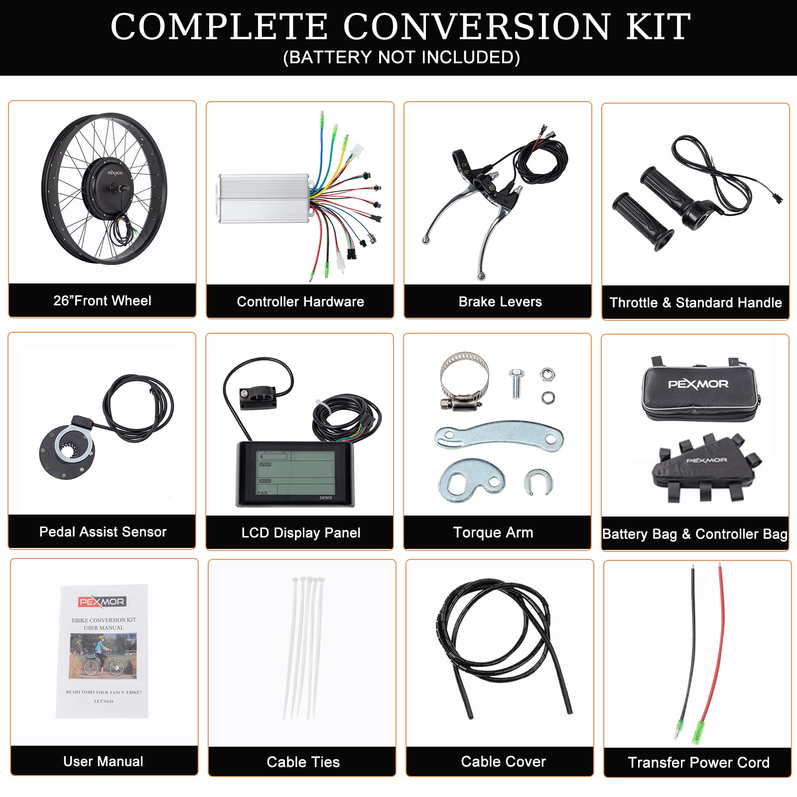 PEXMOR Electric Bike Conversion Kit, 48V 1000W 26" Fat Front Wheel E-Bike Conversion Kit, Ebike Hub Motor Kit Upgrade 3 Mode Controller w/PAS/LCD Display/Twist Throttle Bicycle Ebike Wheel Kit