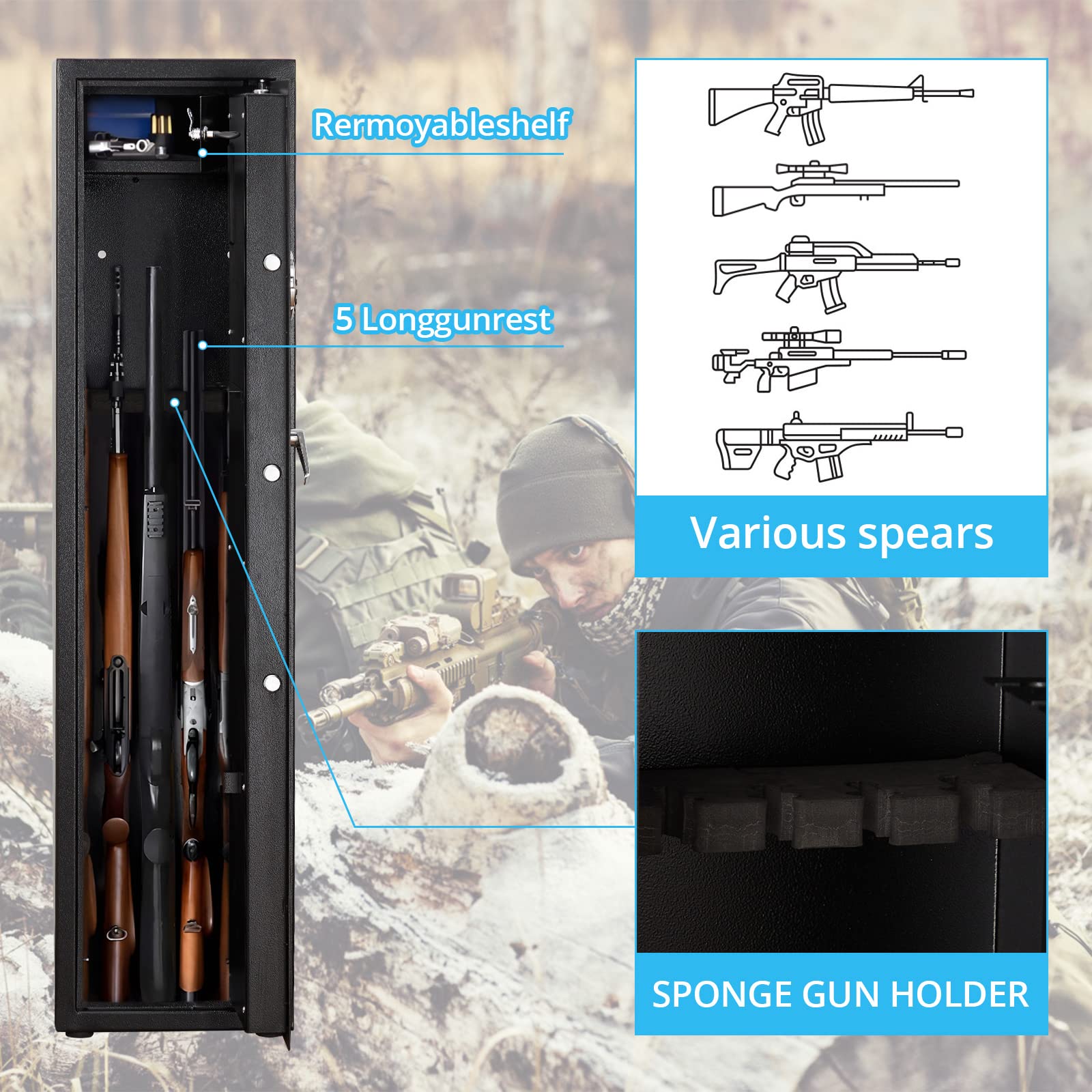 Towallmark Gun Safe for Rifle, Upgraded Quick Access 5-6 Gun Large Rifle Gun Security Cabinet for Rifle Shotgun Firearms with/without Optics with Pistol Lock Box, Removable Storage Shelf