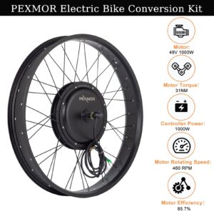 PEXMOR Electric Bike Conversion Kit, 48V 1000W 26" Fat Front Wheel E-Bike Conversion Kit, Ebike Hub Motor Kit Upgrade 3 Mode Controller w/PAS/LCD Display/Twist Throttle Bicycle Ebike Wheel Kit