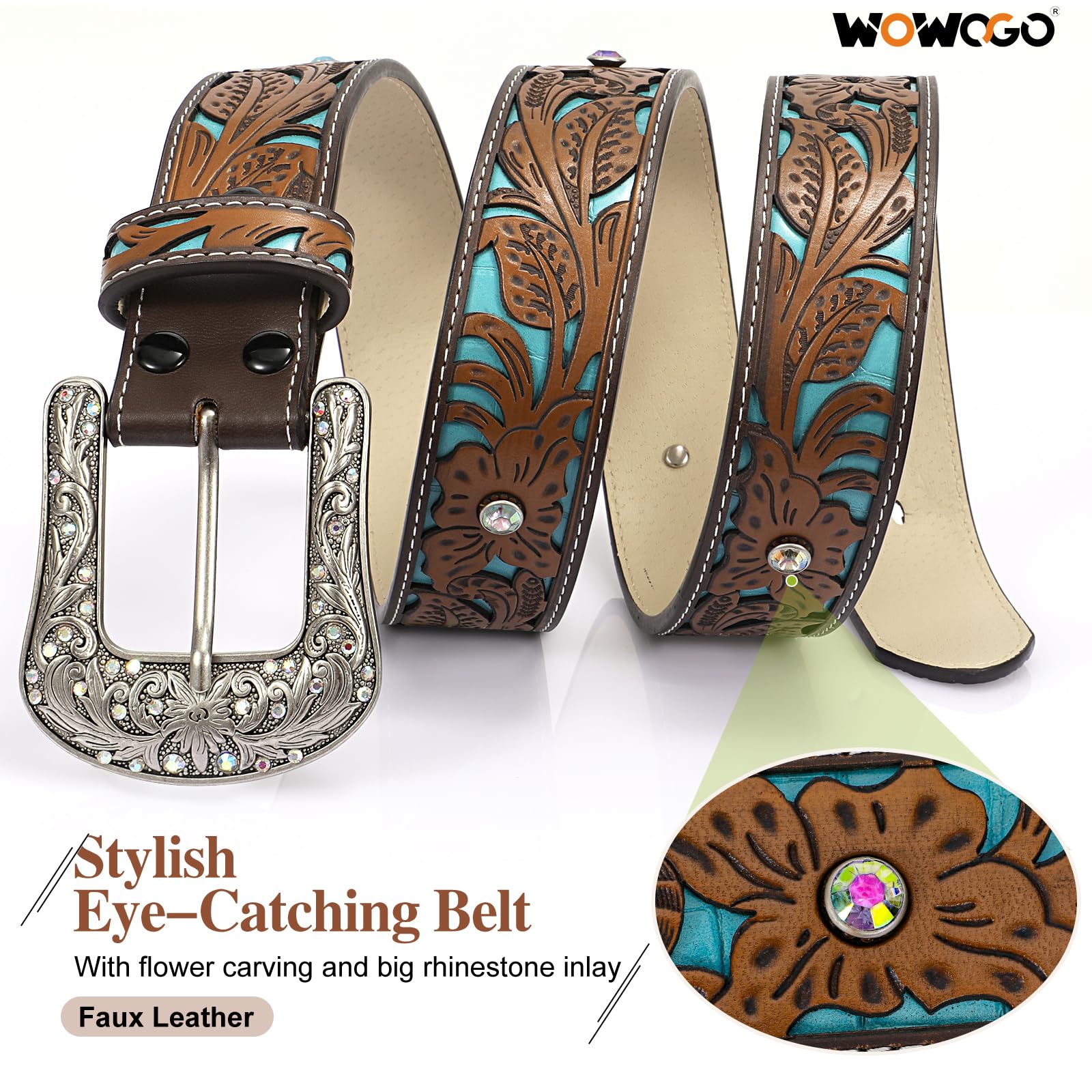 WOWOGO Western Belts for Women Cowgirl Cowboy Country Belt Turquoise Rhinestone Leather Belt Brown Plus Size Belt