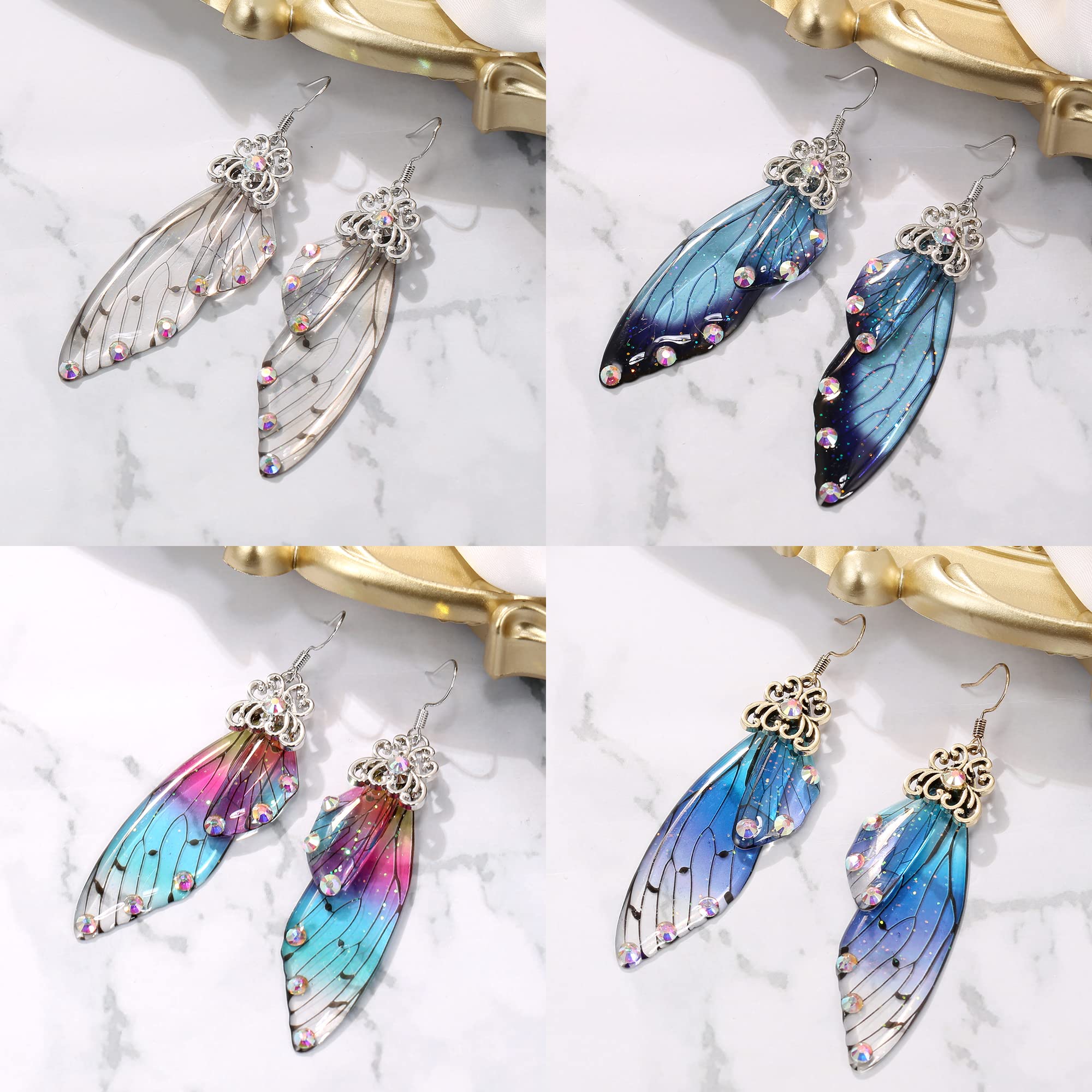 BriLove 4 Pairs Butterfly Wing Hook Earrings Elegant Crystal Insect Dragonfly Drop Dangle Earrings Set for Women Jewelry