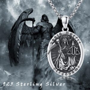 La Santa Muerte Necklace 925 Sterling Silver Mexican Grim Reaper Pendant Amulet Protection Santa Muerte Skull Jewelry Gift for Men Women (Silver)