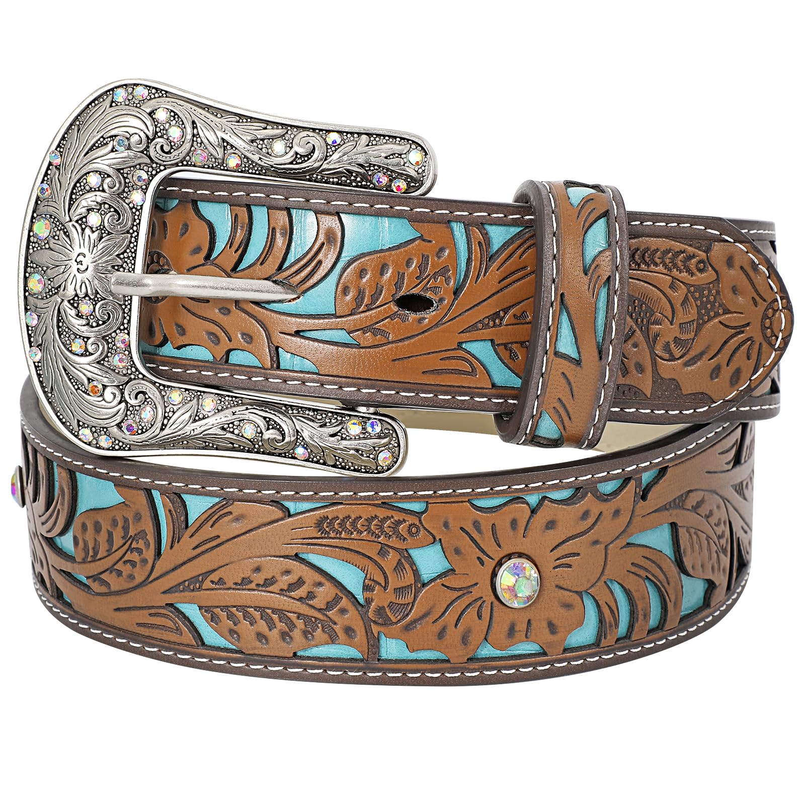 WOWOGO Western Belts for Women Cowgirl Cowboy Country Belt Turquoise Rhinestone Leather Belt Brown Plus Size Belt