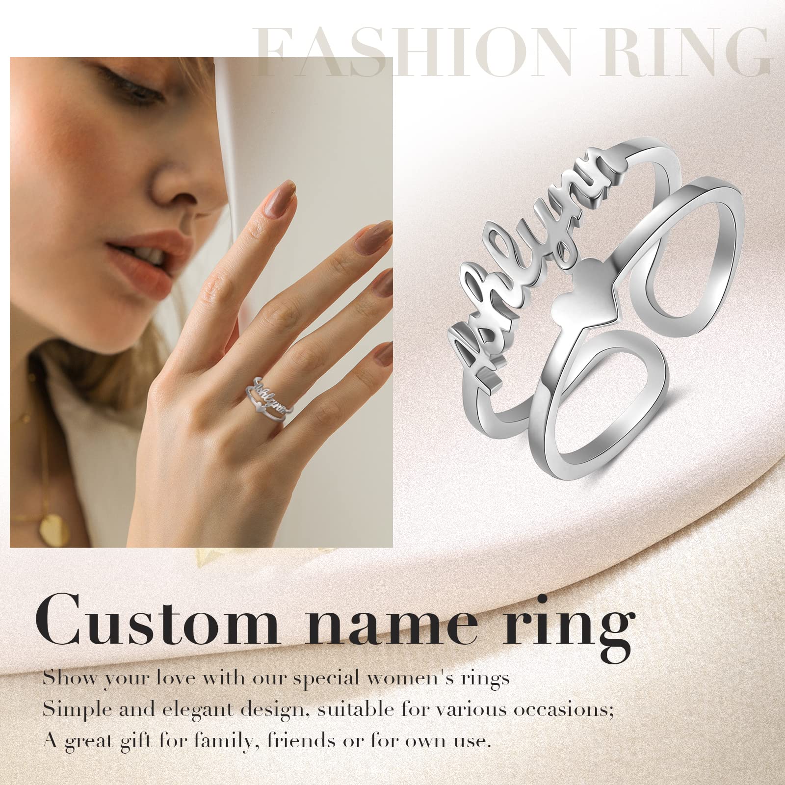 Personalized Name Ring for Women, Custom Adjustable Names Ring with Heart Promise Ring for Her Gift for Women Wife BFF (Silver-3)