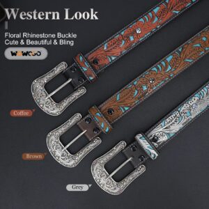 WOWOGO Western Belts for Women Cowgirl Cowboy Country Belt Turquoise Rhinestone Leather Belt Brown Plus Size Belt