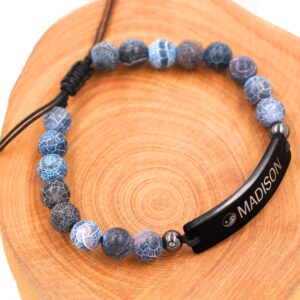 2 Pieces Handmade Custom Name ID Bracelet for Men Women, Weathered Agate Stone Bracelet Personalized Black Stainless Steel Identity Bracelet Y1435