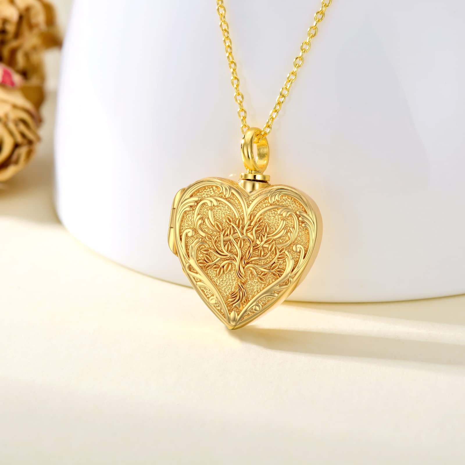 SOULMEET Personalized 10k 14k 18k Solid Gold/Filled Gold Tree of Life Cremation Locket Necklace for Ashes, Engraving Tree Urn Necklace That Holds Human Dog Cat Ashes (Custom Name)