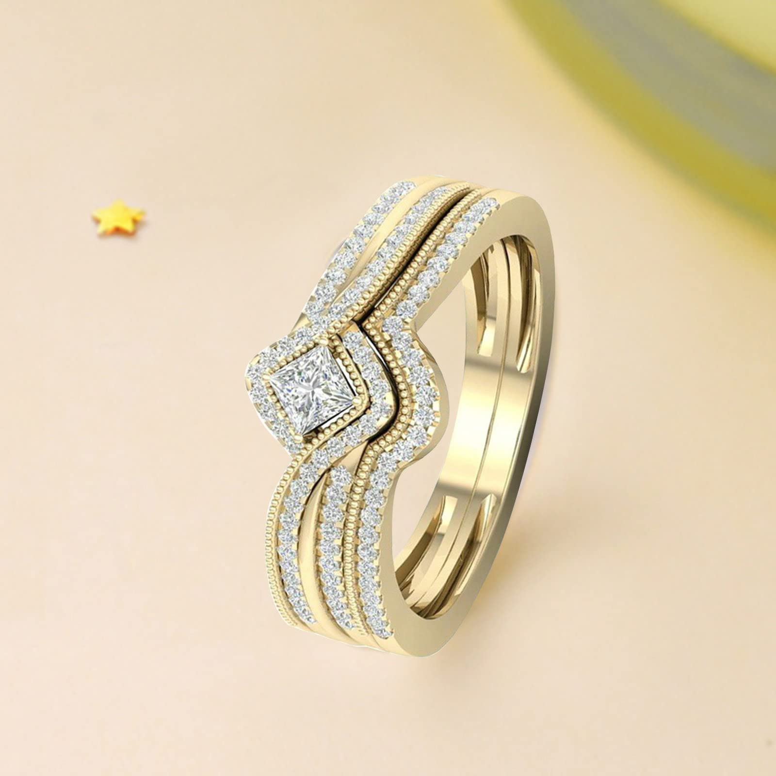 Elegant Women Inlaid Zircon Ring Twist Engagement Rings Bridal Wedding Chunky Band Exquisite Jewelry Party (Gold, 6)