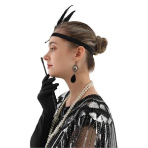 1920s Flapper Accessories Set, Roaring 20s Accessories Women Feather Headpiece Necklace Earrings Long Gloves,Silver Black