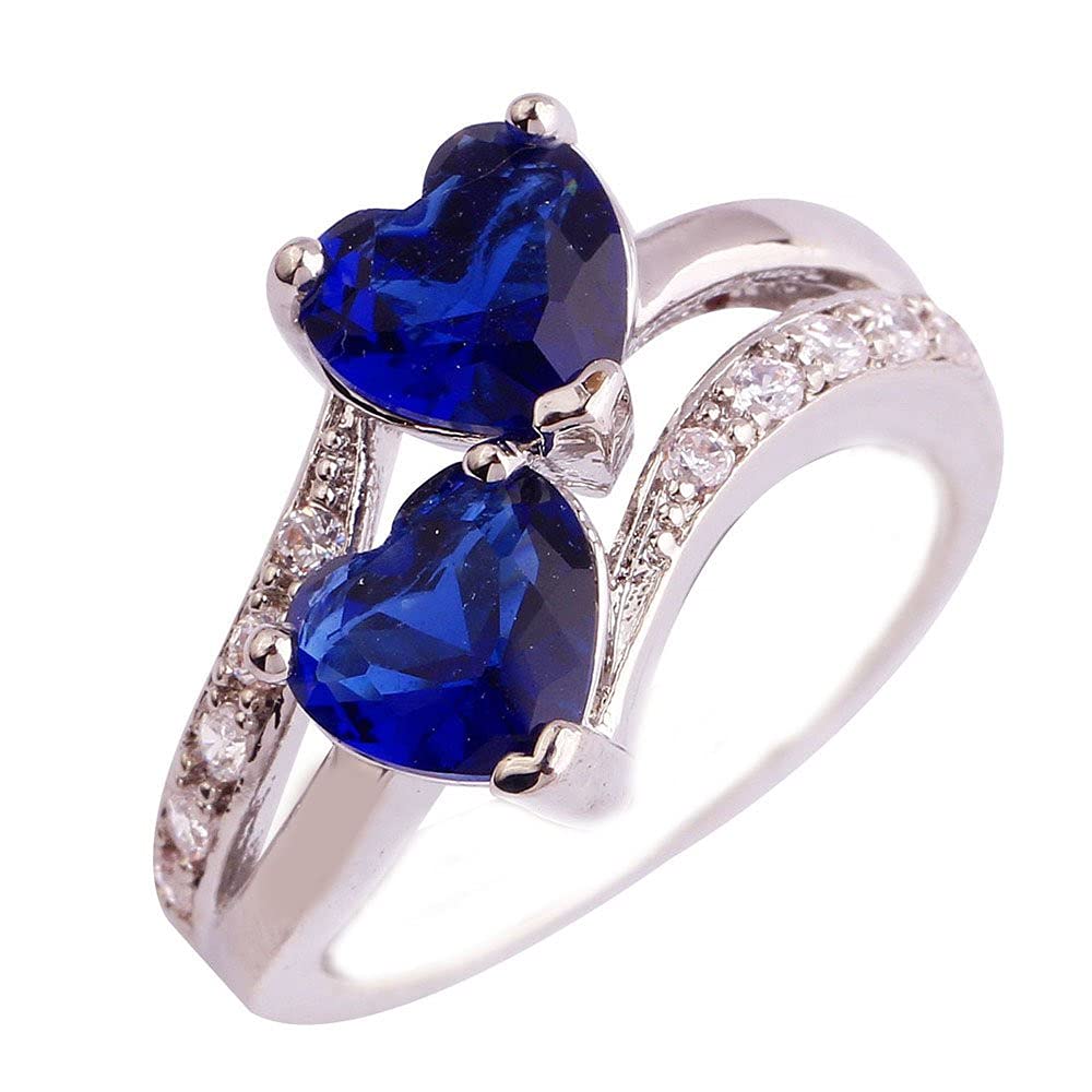 Women's Double Heart Ring Cubic Zirconia Engagement Ring Simulated Diamond Hollow Anniversary Bridal Wedding Band (Royal Blue, 11)