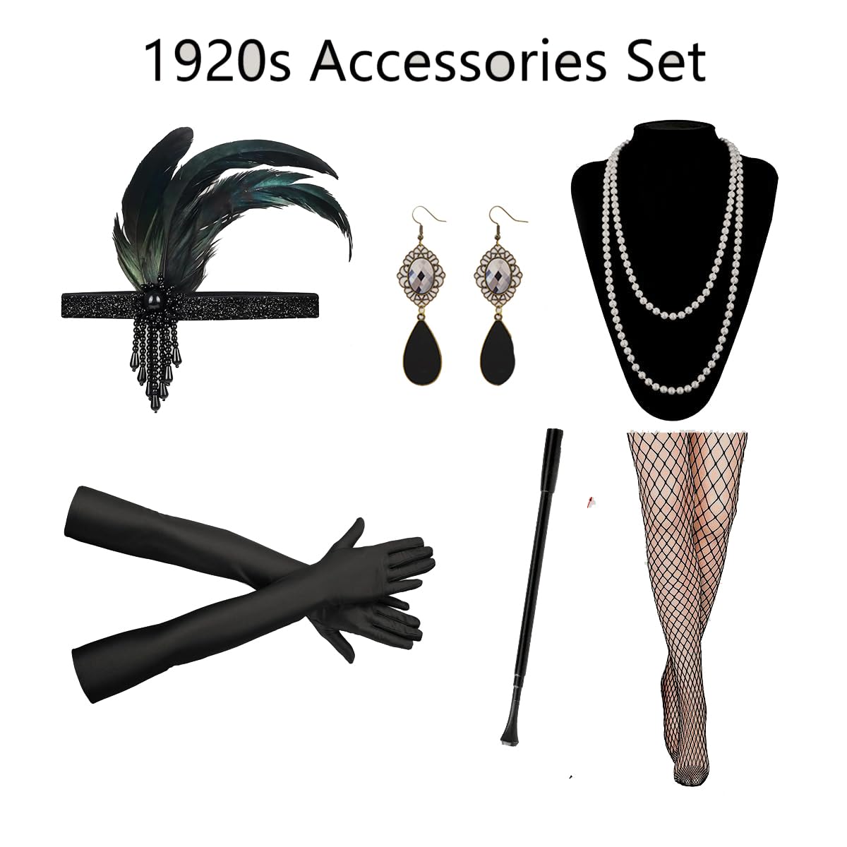 1920s Flapper Accessories Set, Roaring 20s Accessories Women Feather Headpiece Necklace Earrings Long Gloves,Silver Black