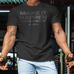 Shock The World Make It Happen Simple Weightlifting Workout Gym Tshirt (LG, Shock The World Black)