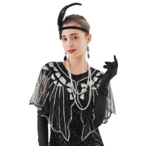 1920s Flapper Accessories Set, Roaring 20s Accessories Women Feather Headpiece Necklace Earrings Long Gloves,Silver Black