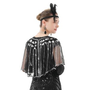 1920s Flapper Accessories Set, Roaring 20s Accessories Women Feather Headpiece Necklace Earrings Long Gloves,Silver Black