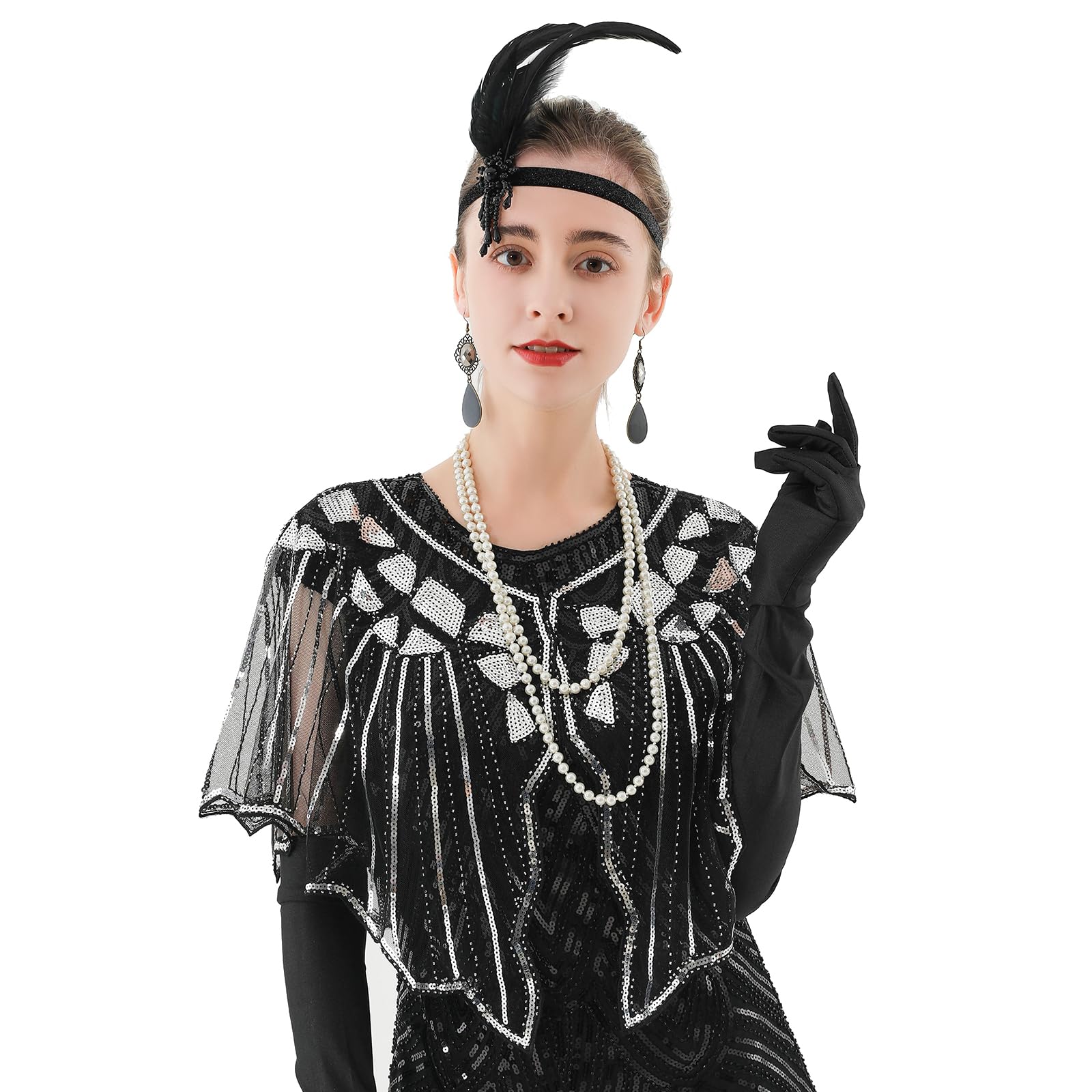 1920s Flapper Accessories Set, Roaring 20s Accessories Women Feather Headpiece Necklace Earrings Long Gloves,Silver Black