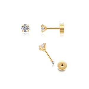 3mm tiny cz screw on flat back stud earrings,gold plated flat back cubic zirconia earrings for helix cartilage tragus earlobe piercing jewelry gift for women men(3mm cz, gold)