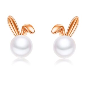 b&d easter day gifts for girl easter bunny pearl earrings easter rabbit present rabbit studs for women girls bunny pearl earring (gold)