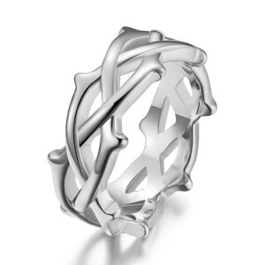 woynji stainless steel tree vine branch crown of thorn lucky ring for men and women silver size 6