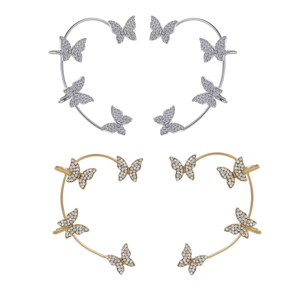 4PCS Women's No Pierced Ear Clips Butterfly Flower Flying Swallow (4PCS Silvery Golden Butterfly Ear Clips)