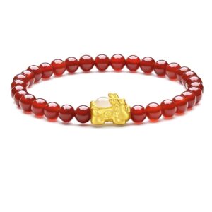 ZHOU LIU FU 24K Solid Gold Bracelets for Women, Real Pure Gold Pixiu Bracelet, Adjustable Red Agate Bead Bracelets with White or Green Nephrite Jade for Men Teen Girls