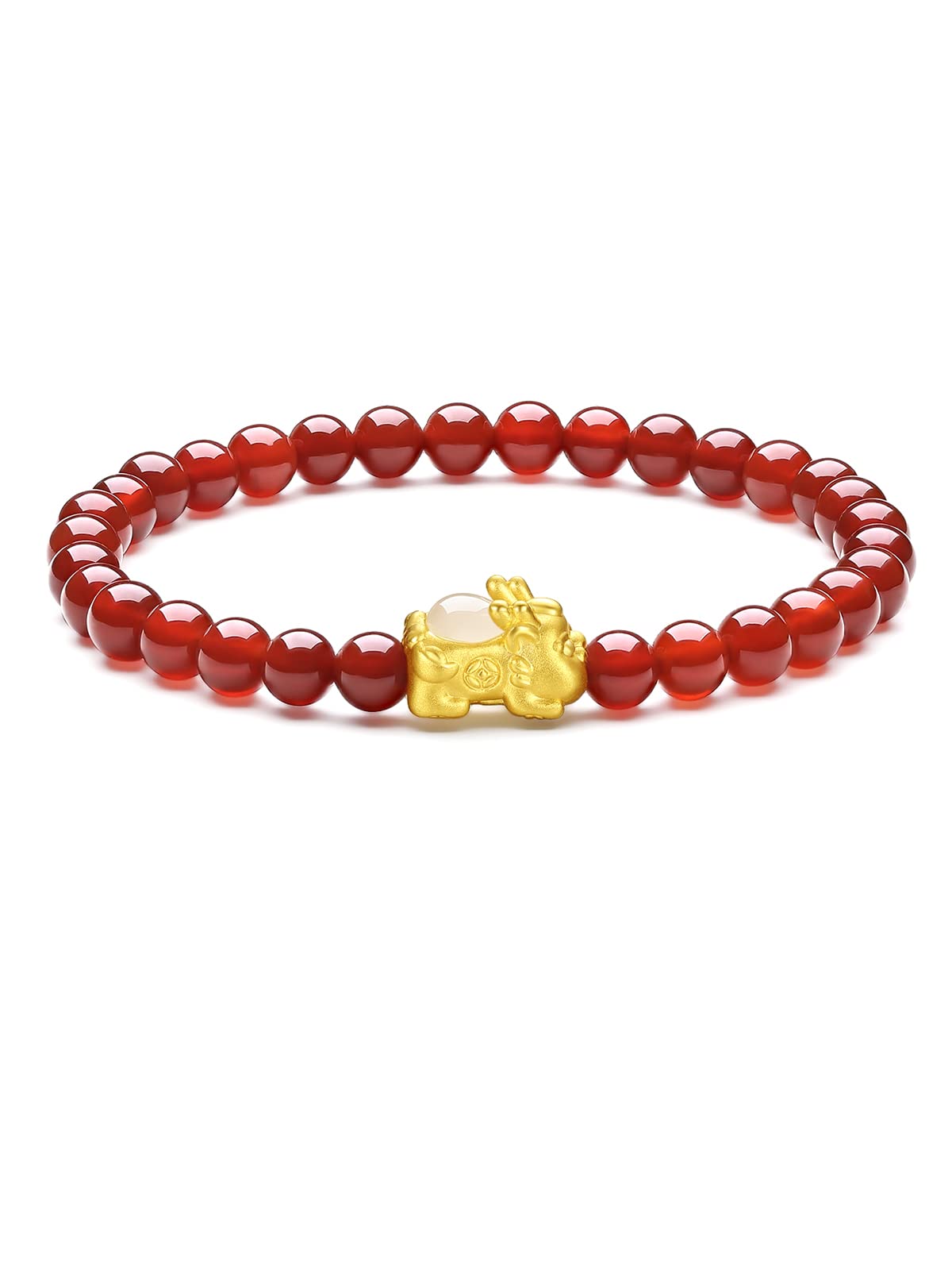 ZHOU LIU FU 24K Solid Gold Bracelets for Women, Real Pure Gold Pixiu Bracelet, Adjustable Red Agate Bead Bracelets with White or Green Nephrite Jade for Men Teen Girls